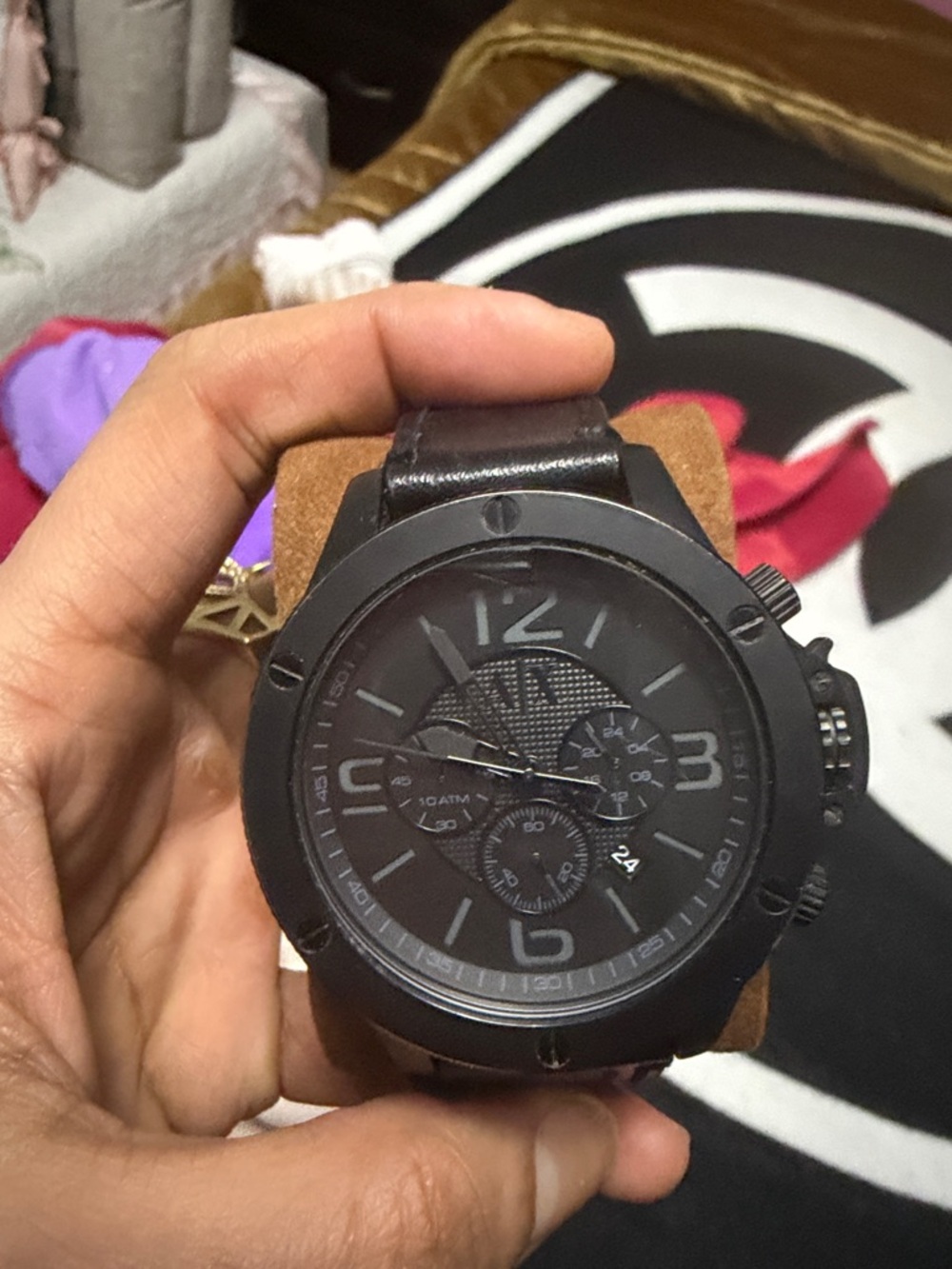 Armani Exchange Men's Black Dial Black Leather Strap Chronograph Watch